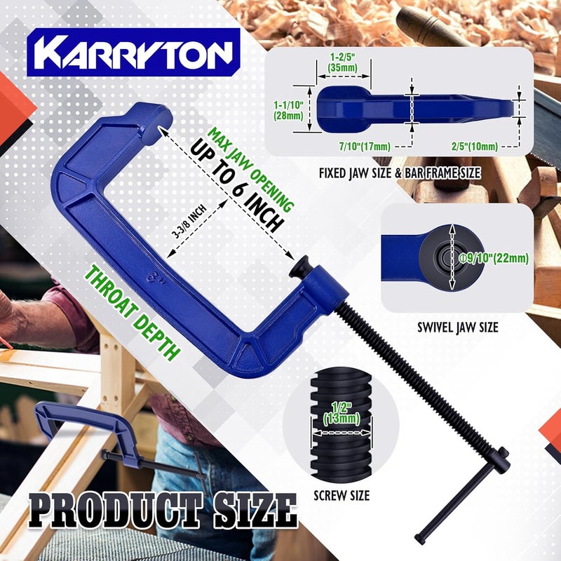 KARRYTON 6 inch C Clamps 4-Pack, 3-3/8"(86mm) Large Deep Throat, Ductile Iron C-Clamp w/ 2310LB Clamping Force, Unique Ergonomic Design for Welding, Woodworking, Metal and DIY Projects - Image 2